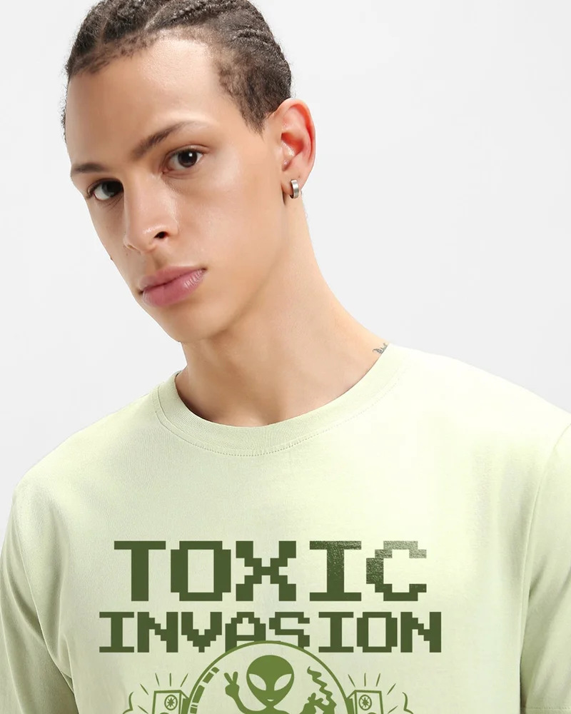 bewakoof Men's Fog Green Toxic Invasion Graphic Printed T-shirt